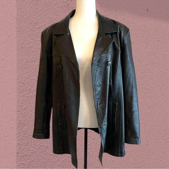 Vintage 90s black leather jacket double breasted - Picture 4 of 9